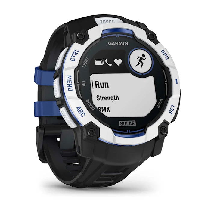 Garmin Instinct 3 – 50 mm, Solar, Rugged Outdoor GPS Smartwatch, Built-in Flashlight, Supernova Collection Limited Edition Color, Whitestone with Black/Bolt Blue Silicone Band