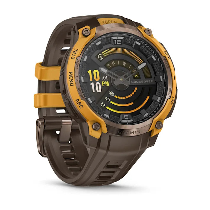 Garmin Instinct Crossover AMOLED, Rugged Hybrid GPS Smartwatch with Analog Watch Hands and Bright AMOLED Display, Bronze/Sunburst with Cocoa Silicone Band