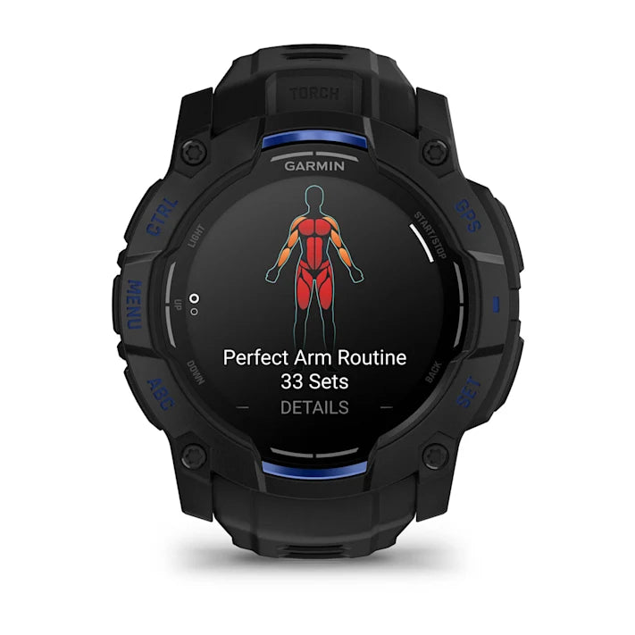 Garmin Instinct 3 – 50 mm, AMOLED Display, Rugged Outdoor GPS Smartwatch, Built-in Flashlight, Supernova Collection Limited Edition Color, Black with Black/Bolt Blue Silicone Band