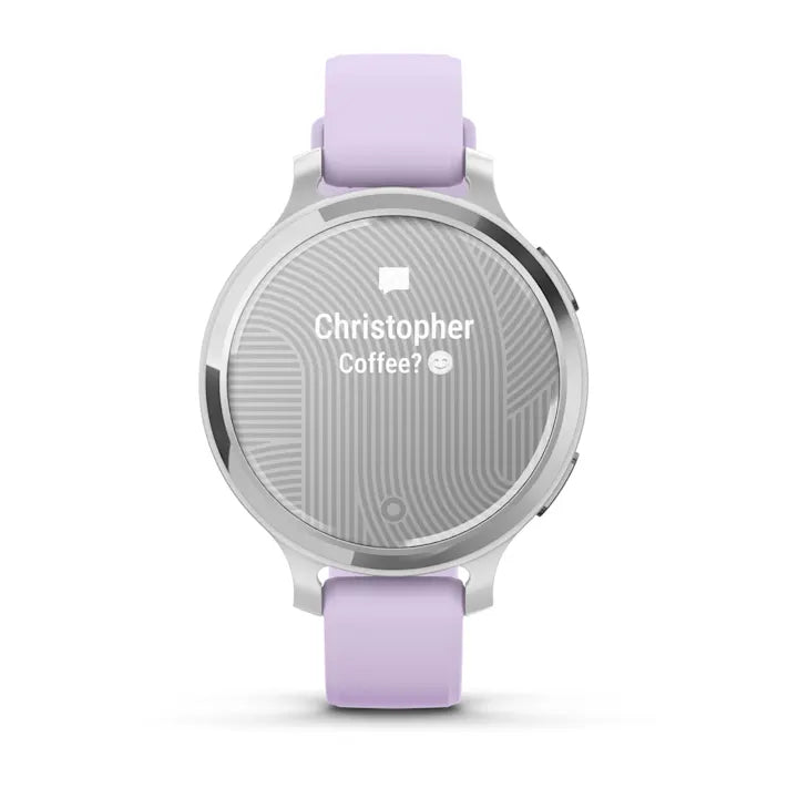 Garmin Lily 2 Active, Small and Stylish Smartwatch, Built-in GPS, Hidden Display, Patterned Lens, Up to 9 Days Battery Life, Silver with Purple Jasmine Silicone Band