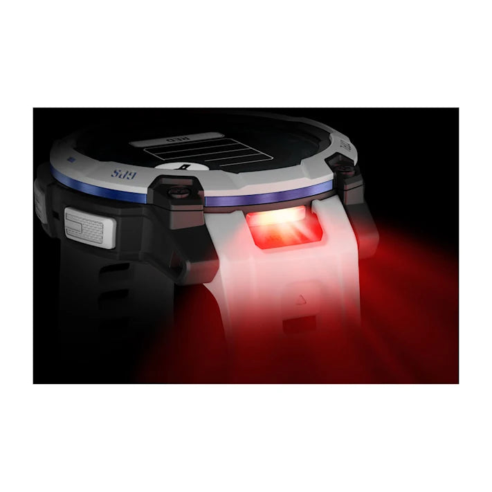 Garmin Instinct 3 – 45 mm, Solar, Rugged Outdoor GPS Smartwatch, Built-in Flashlight, Supernova Collection Limited Edition Color, Whitestone with Whitestone/Bolt Blue Silicone Band