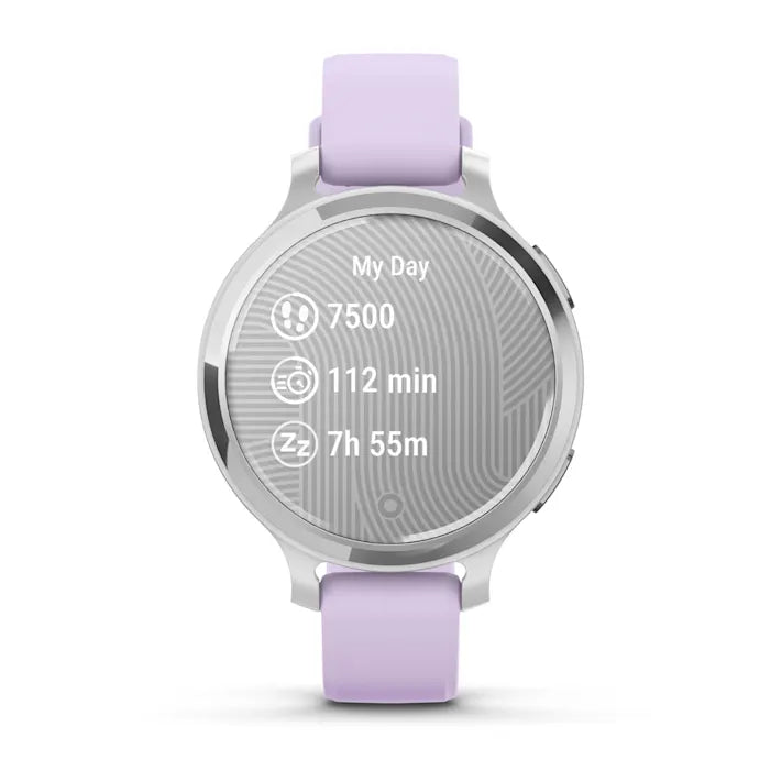 Garmin Lily 2 Active, Small and Stylish Smartwatch, Built-in GPS, Hidden Display, Patterned Lens, Up to 9 Days Battery Life, Silver with Purple Jasmine Silicone Band