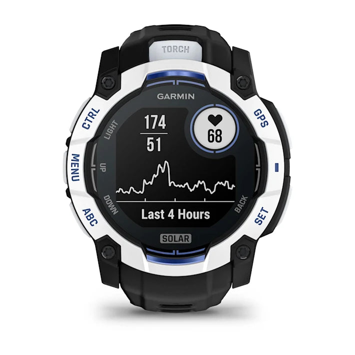 Garmin Instinct 3 – 50 mm, Solar, Rugged Outdoor GPS Smartwatch, Built-in Flashlight, Supernova Collection Limited Edition Color, Whitestone with Black/Bolt Blue Silicone Band