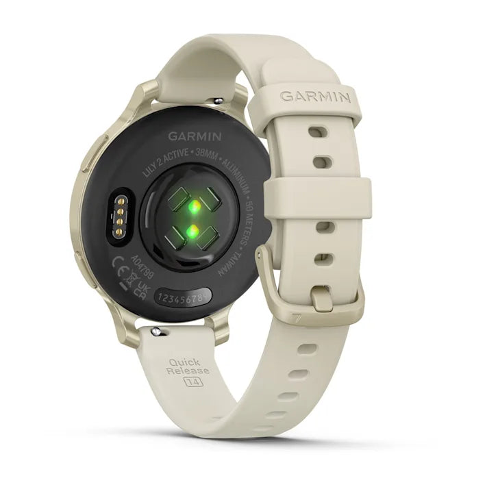 Garmin Lily 2 Active, Small and Stylish Smartwatch, Hidden Display, Patterned Lens, Up to 5 Days Battery Life, Lunar Gold with Bone Silicone Band