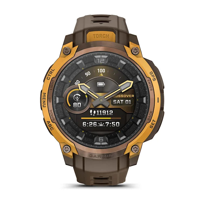 Garmin Instinct Crossover AMOLED, Rugged Hybrid GPS Smartwatch with Analog Watch Hands and Bright AMOLED Display, Bronze/Sunburst with Cocoa Silicone Band