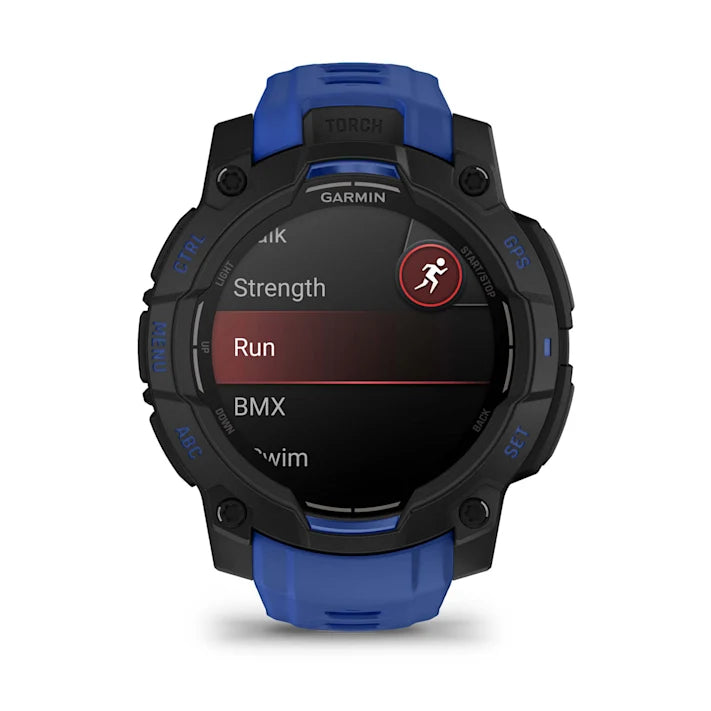 Garmin Instinct 3 – 45 mm, AMOLED Display, Rugged Outdoor GPS Smartwatch, Built-in Flashlight, Supernova Collection Limited Edition Color, Black with Bolt Blue/Black Silicone Band