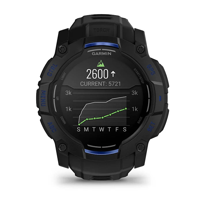 Garmin Instinct 3 – 50 mm, AMOLED Display, Rugged Outdoor GPS Smartwatch, Built-in Flashlight, Supernova Collection Limited Edition Color, Black with Black/Bolt Blue Silicone Band