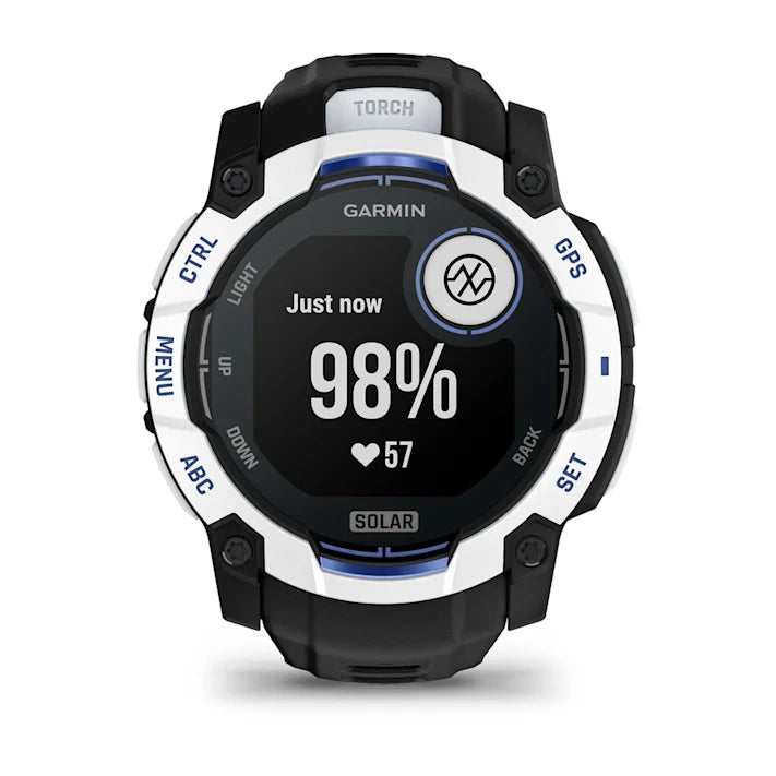 Garmin Instinct 3 – 50 mm, Solar, Rugged Outdoor GPS Smartwatch, Built-in Flashlight, Supernova Collection Limited Edition Color, Whitestone with Black/Bolt Blue Silicone Band