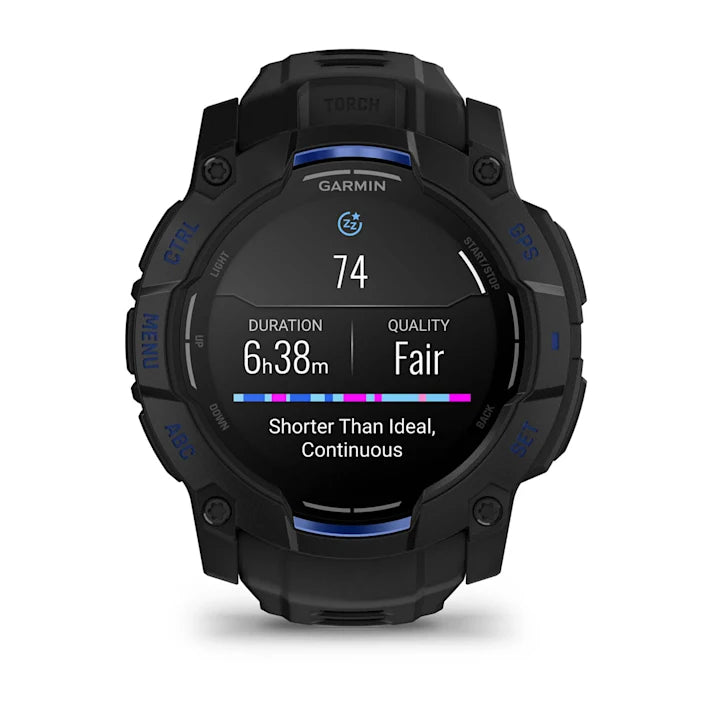 Garmin Instinct 3 – 50 mm, AMOLED Display, Rugged Outdoor GPS Smartwatch, Built-in Flashlight, Supernova Collection Limited Edition Color, Black with Black/Bolt Blue Silicone Band
