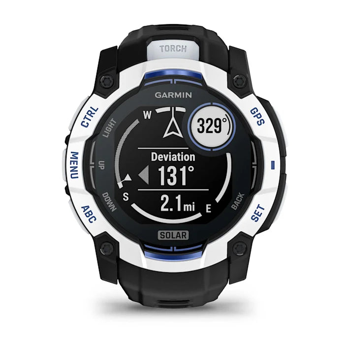 Garmin Instinct 3 – 50 mm, Solar, Rugged Outdoor GPS Smartwatch, Built-in Flashlight, Supernova Collection Limited Edition Color, Whitestone with Black/Bolt Blue Silicone Band