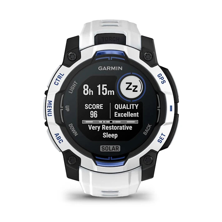 Garmin Instinct 3 – 45 mm, Solar, Rugged Outdoor GPS Smartwatch, Built-in Flashlight, Supernova Collection Limited Edition Color, Whitestone with Whitestone/Bolt Blue Silicone Band