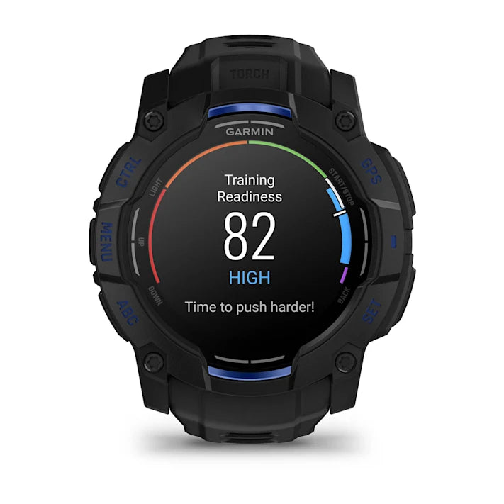 Garmin Instinct 3 – 50 mm, AMOLED Display, Rugged Outdoor GPS Smartwatch, Built-in Flashlight, Supernova Collection Limited Edition Color, Black with Black/Bolt Blue Silicone Band