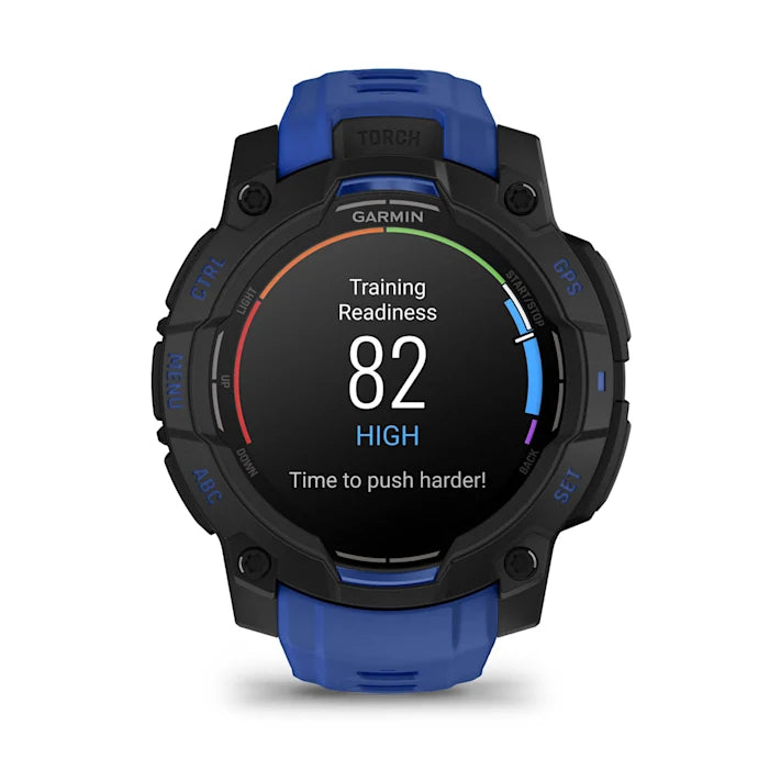 Garmin Instinct 3 – 45 mm, AMOLED Display, Rugged Outdoor GPS Smartwatch, Built-in Flashlight, Supernova Collection Limited Edition Color, Black with Bolt Blue/Black Silicone Band