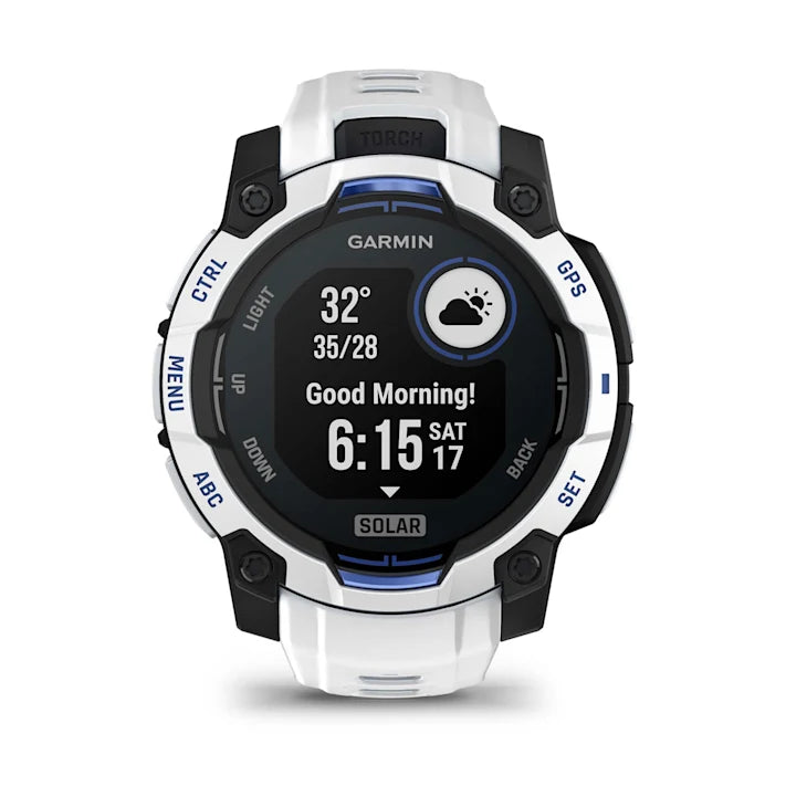 Garmin Instinct 3 – 45 mm, Solar, Rugged Outdoor GPS Smartwatch, Built-in Flashlight, Supernova Collection Limited Edition Color, Whitestone with Whitestone/Bolt Blue Silicone Band