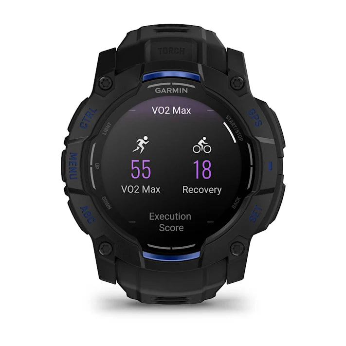 Garmin Instinct 3 – 50 mm, AMOLED Display, Rugged Outdoor GPS Smartwatch, Built-in Flashlight, Supernova Collection Limited Edition Color, Black with Black/Bolt Blue Silicone Band