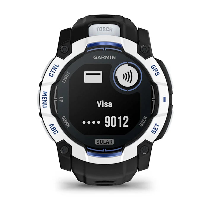 Garmin Instinct 3 – 50 mm, Solar, Rugged Outdoor GPS Smartwatch, Built-in Flashlight, Supernova Collection Limited Edition Color, Whitestone with Black/Bolt Blue Silicone Band